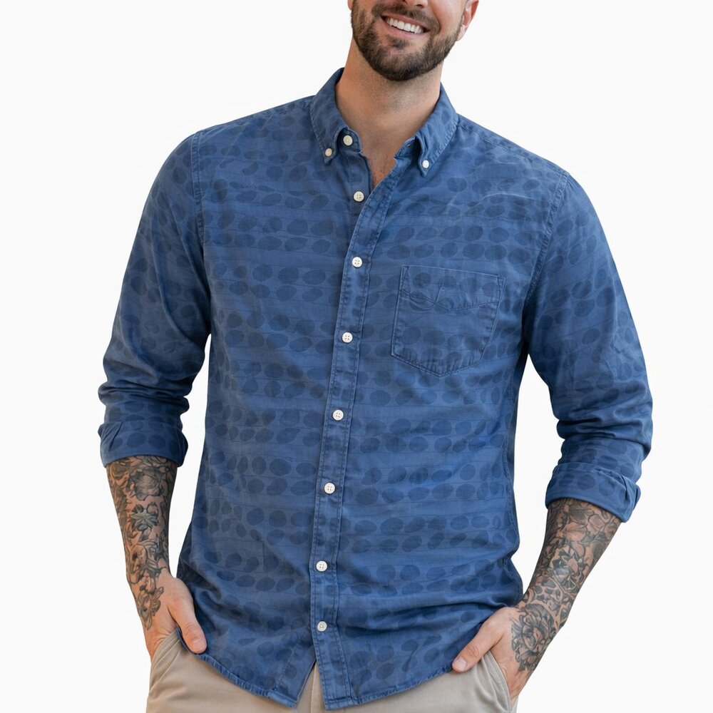 Men's The Hill Side Medium Blue Long Sleeve Button Down Floral Hawaiian Shirt